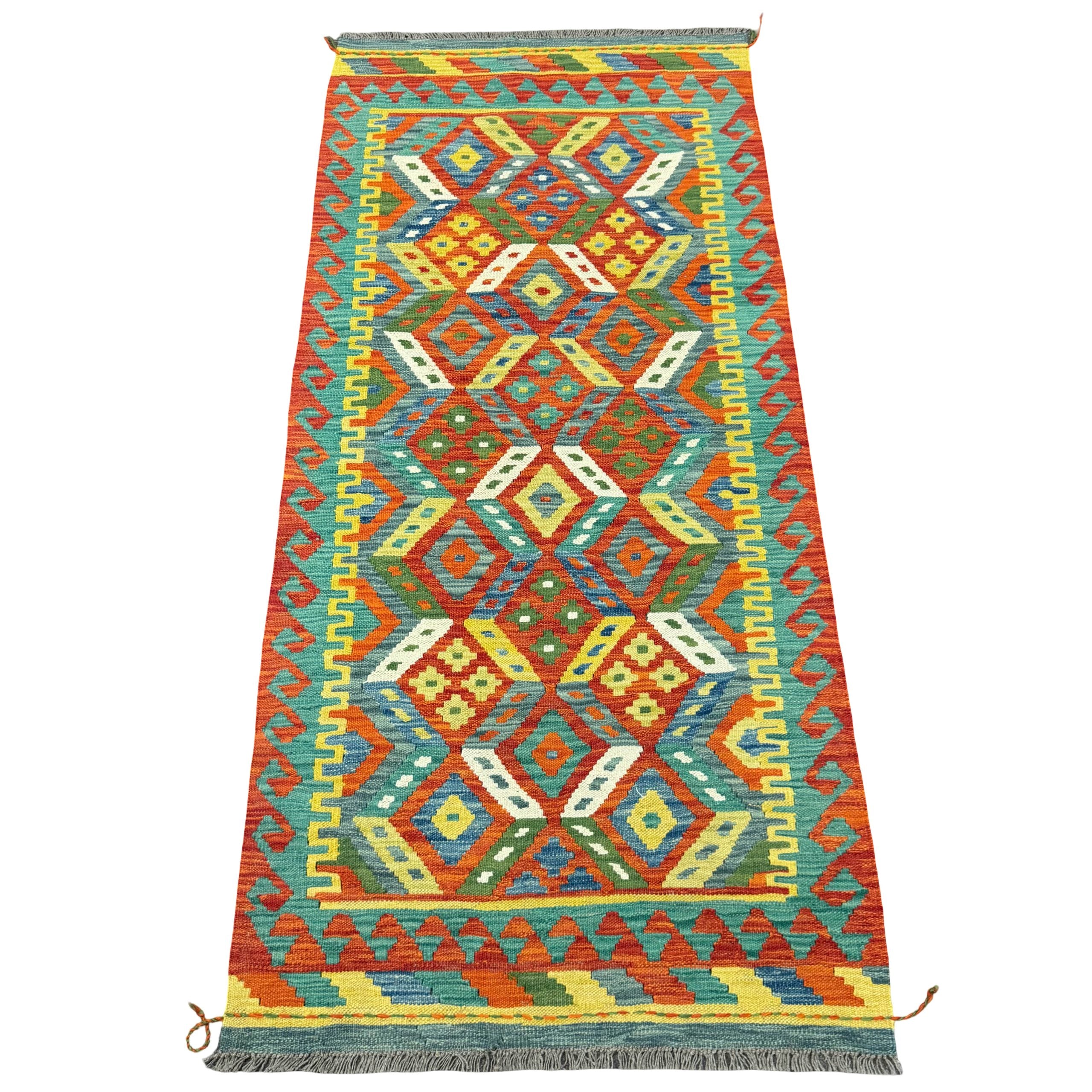 198 x 91 cm Hand-Woven Afghan Kilim Runner Rug – Wool Flatweave
