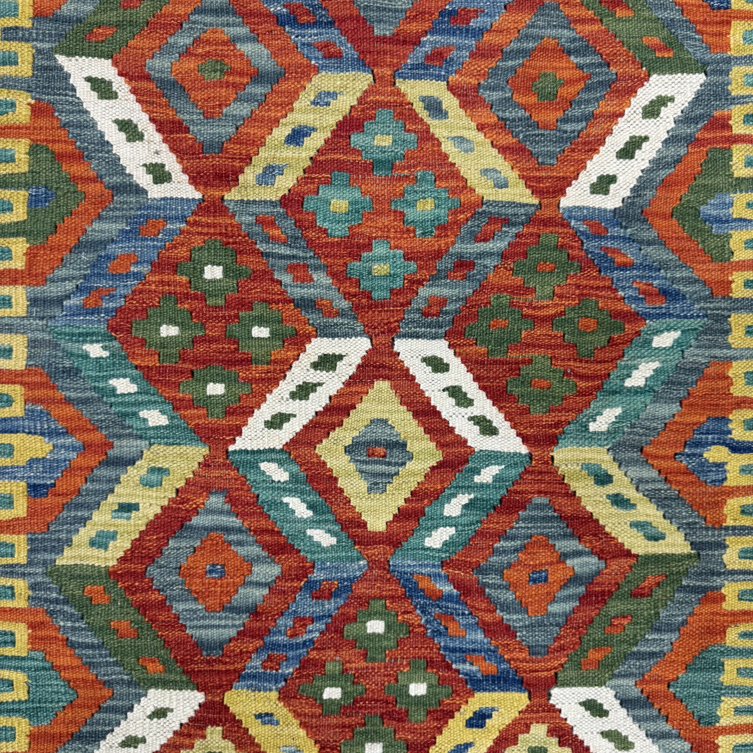198 x 91 cm Hand-Woven Afghan Kilim Runner Rug – Wool Flatweave