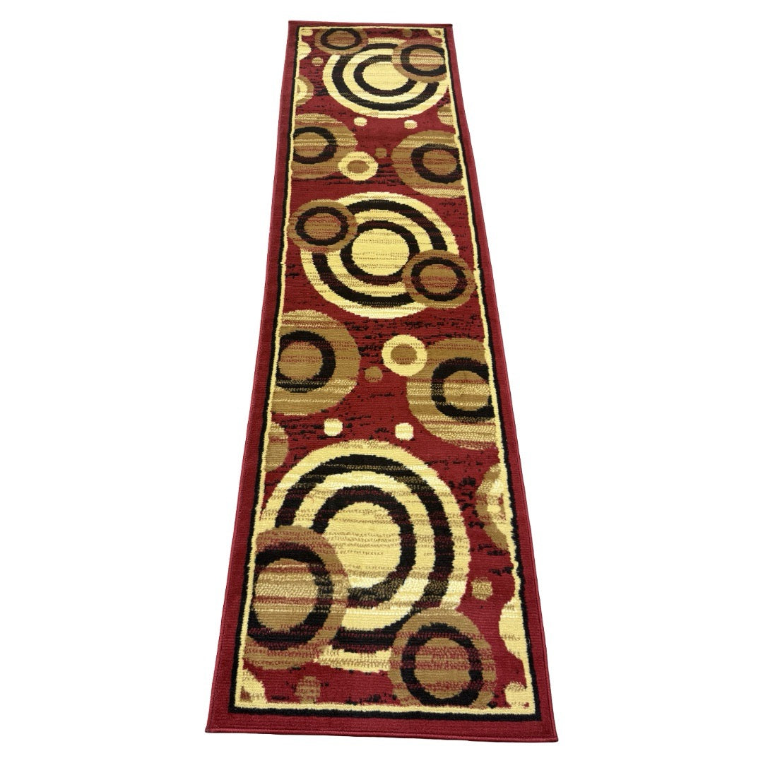 213 x 61 cm Burgundy & Beige Abstract Geometric Circles Runner Rug