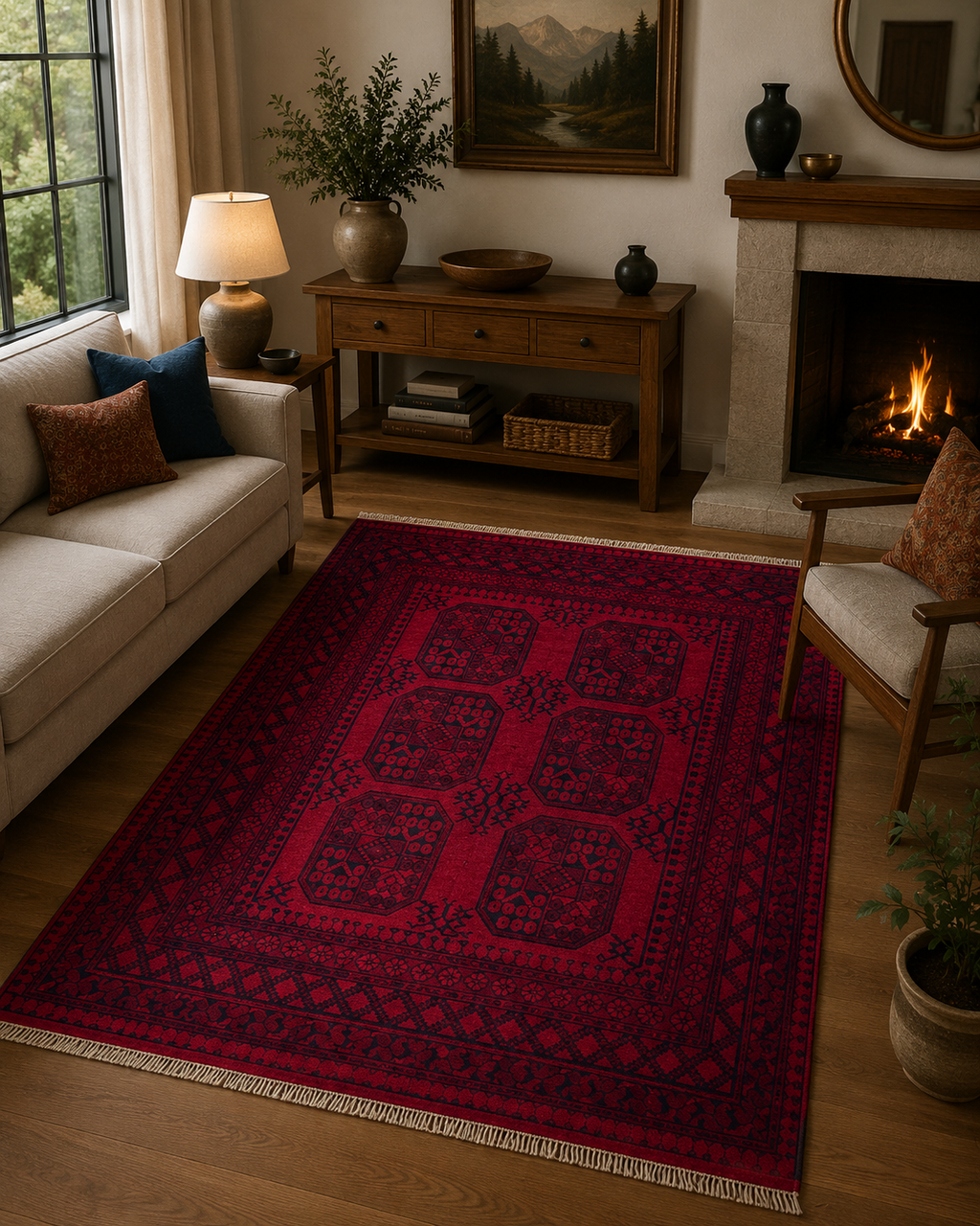 193 x 150 cm Hand-Woven Red Afghan Akche Wool Rug