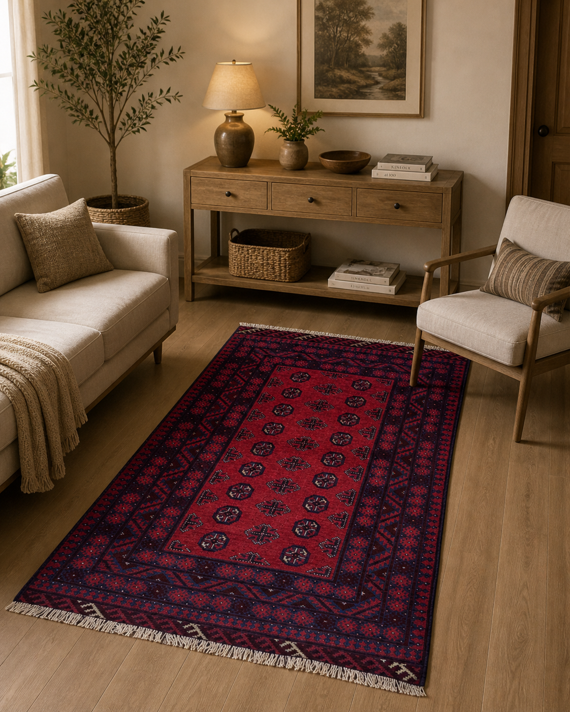 195 x 105 cm Hand-Knotted Afghan Bokhara Akche Rug