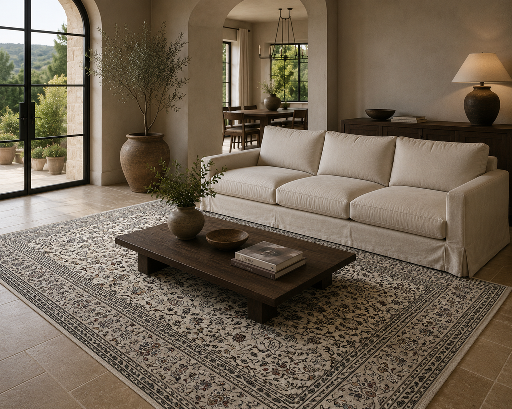 290 x 198 cm Hand-Knotted Persian Cream Kashan Wool Rug