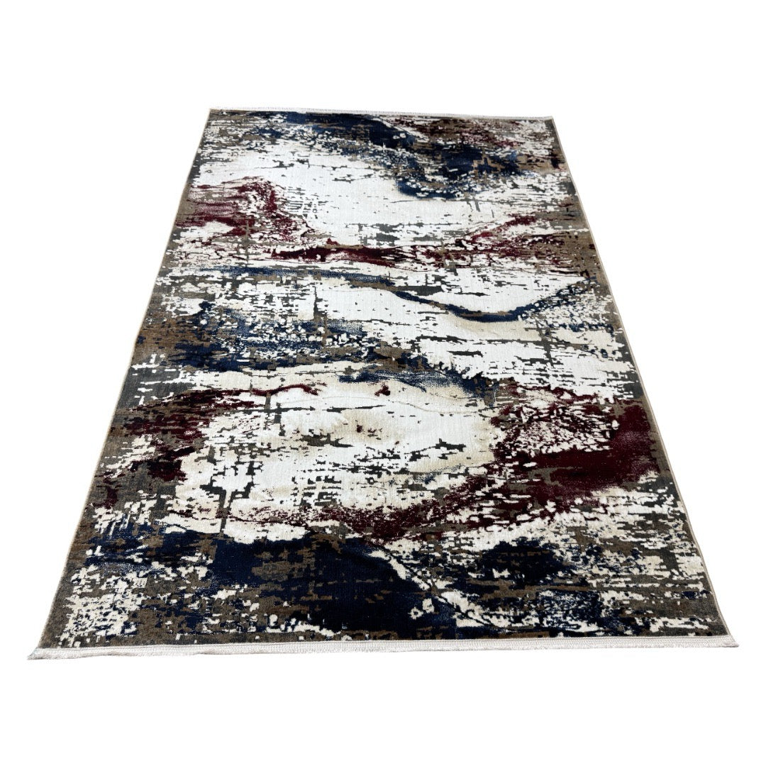 230 x 160 cm Modern Textured Marble Effect Rug in Ivory, Navy & Deep Red