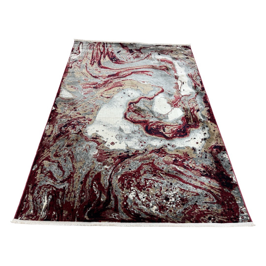 230 x 160 cm Abstract Marble Area Rug in Burgundy, Grey & Ivory