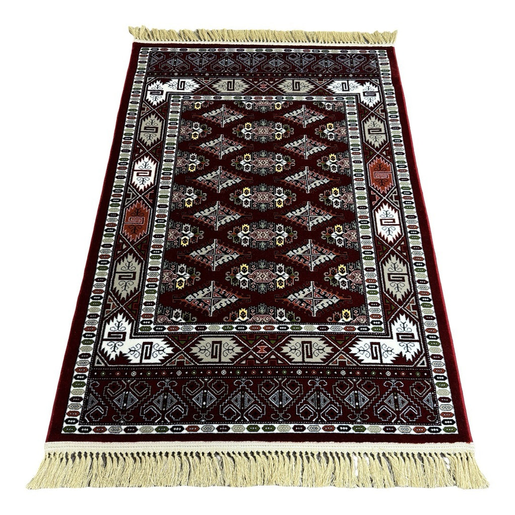 Burgundy Bokhara rug detail