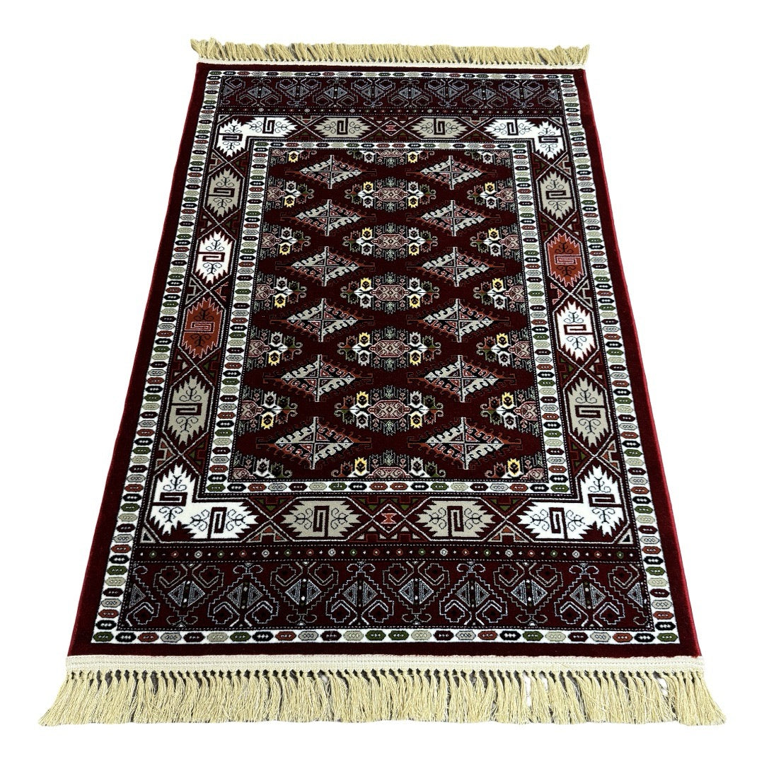 Burgundy Bokhara rug detail