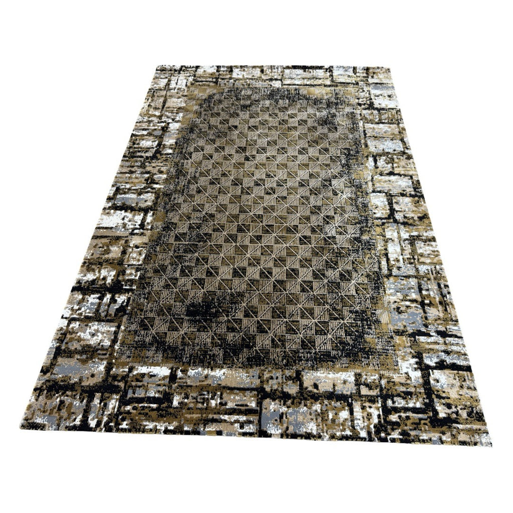 230 x 160 cm Black & Brown Geometric Pattern Distressed Rug