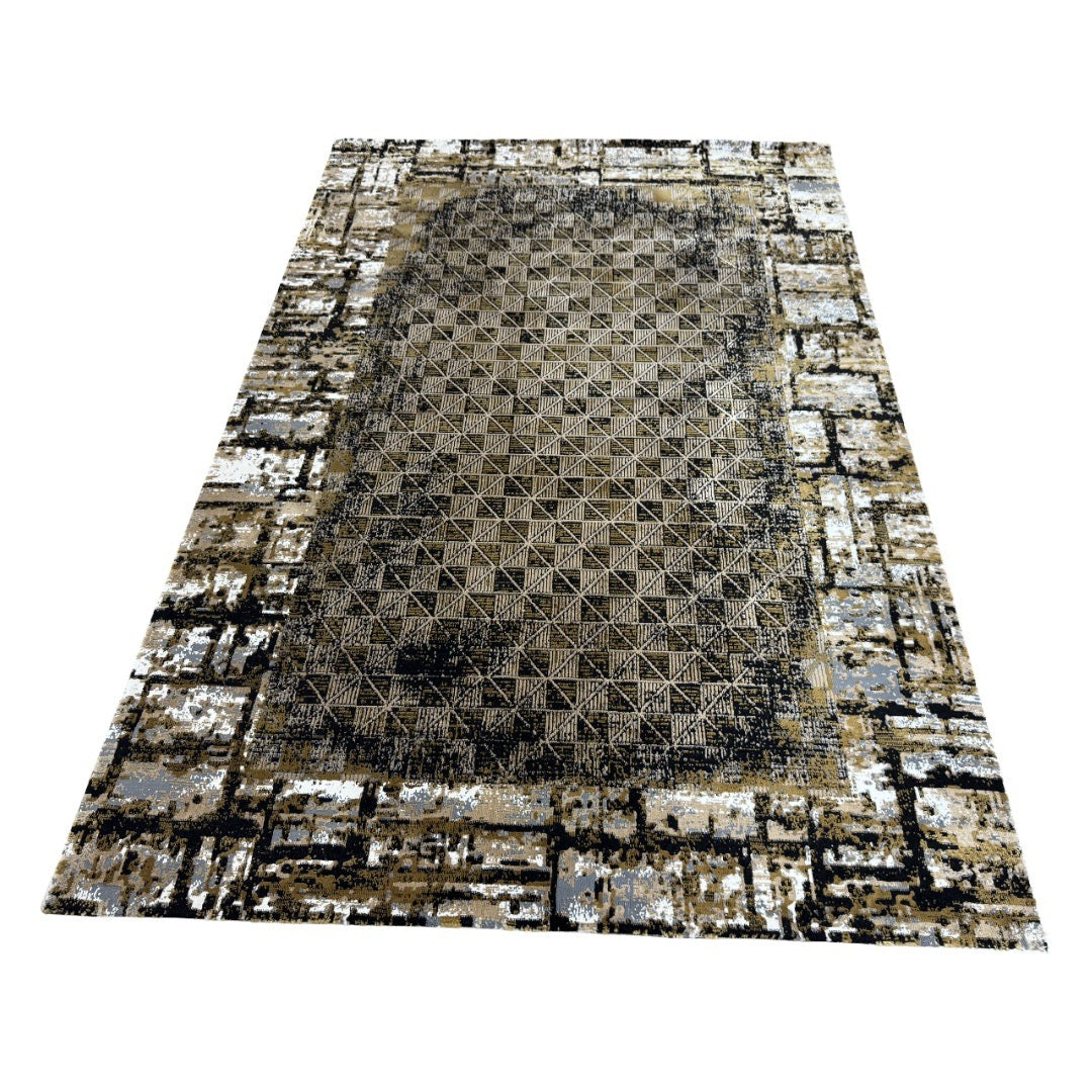 230 x 160 cm Black & Brown Geometric Pattern Distressed Rug