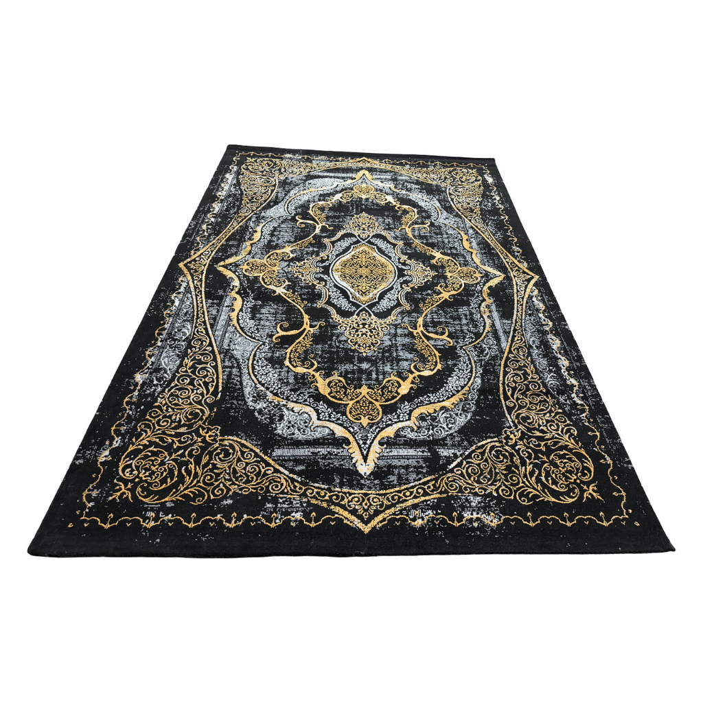 230 x 160 cm Black & Gold Distressed Medallion Fringeless Persian Style Rug