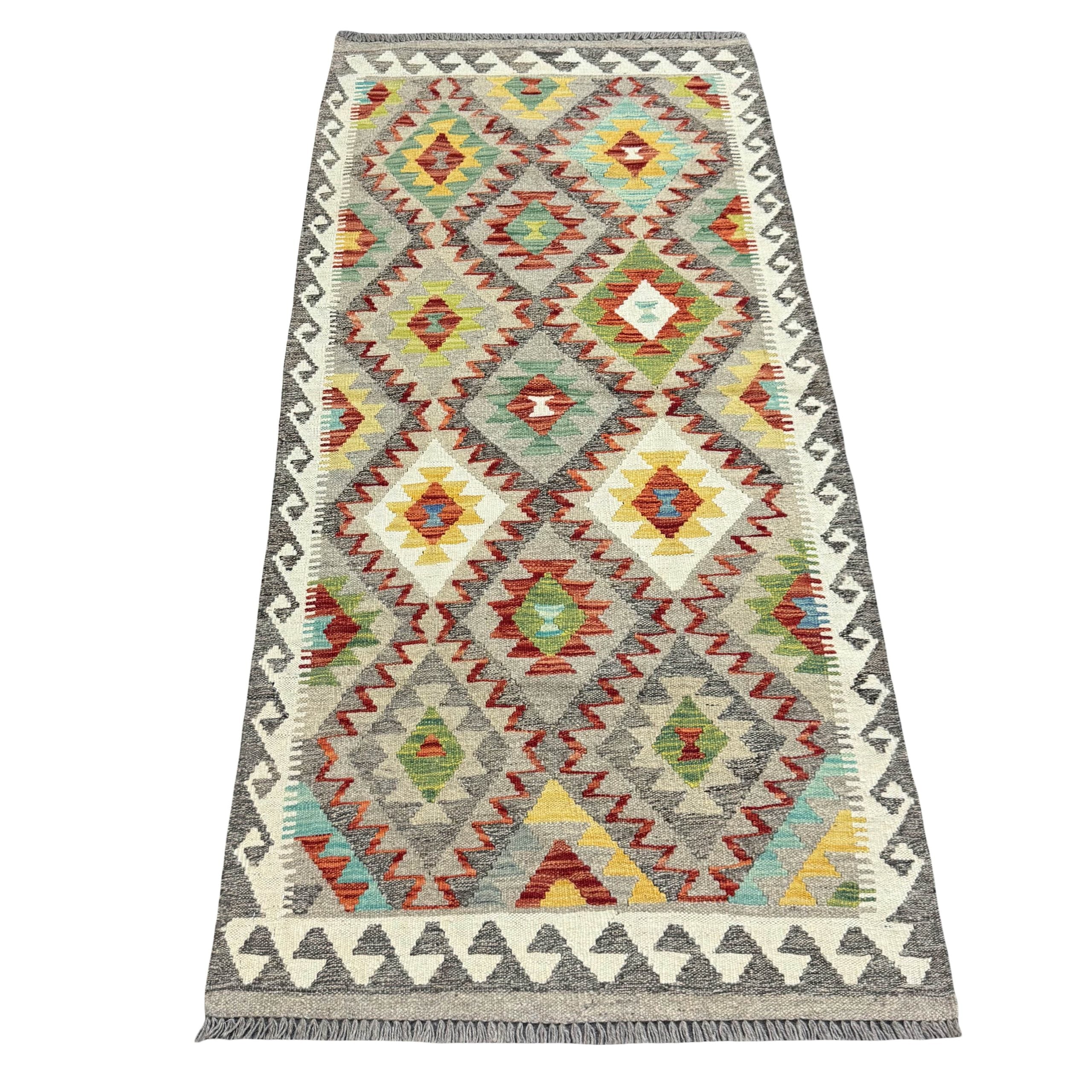 190 x 91 cm Hand-Woven Afghan Kilim Runner Rug – Wool Flatweave