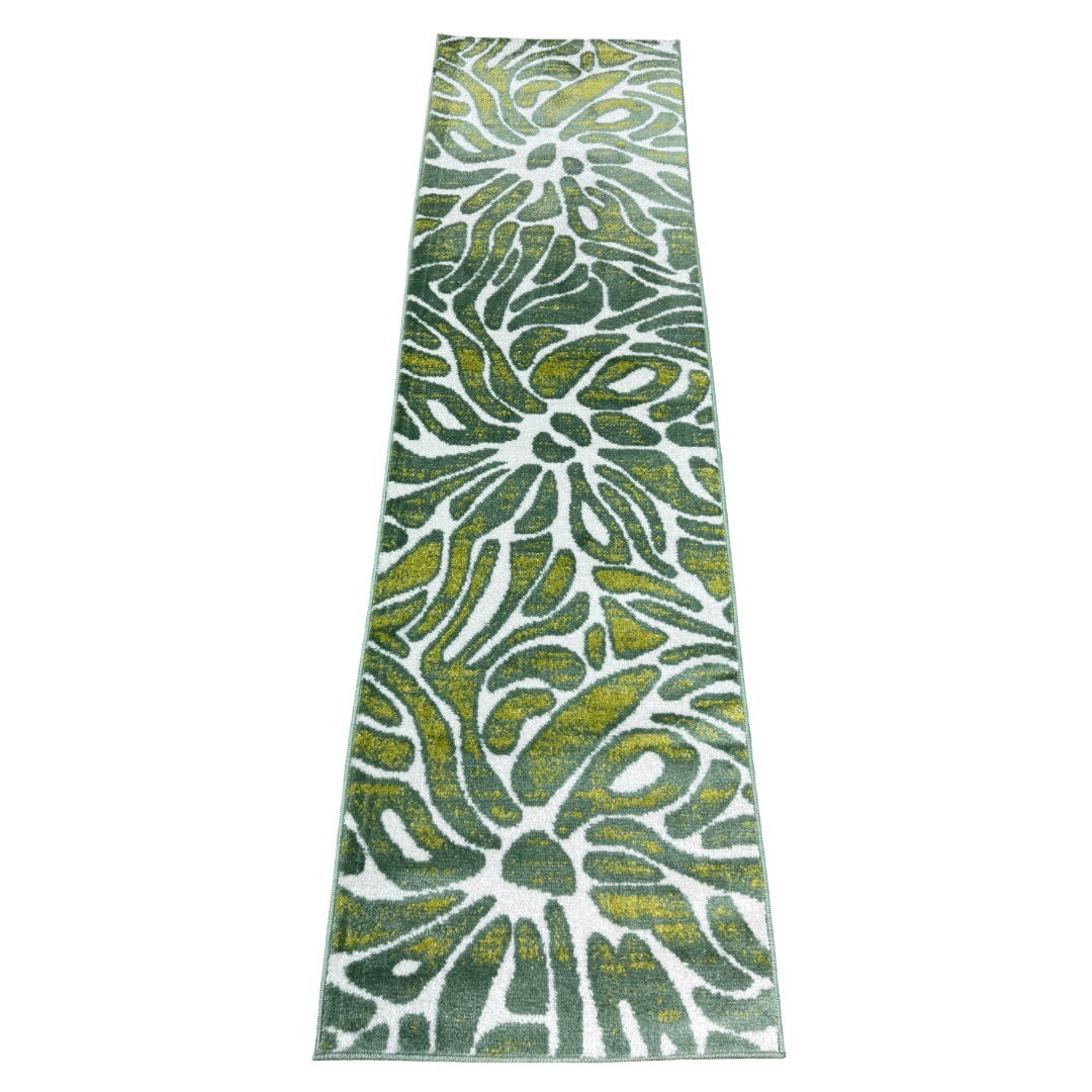 213 x 61 cm Olive Green & Cream Botanical Floral Runner Rug