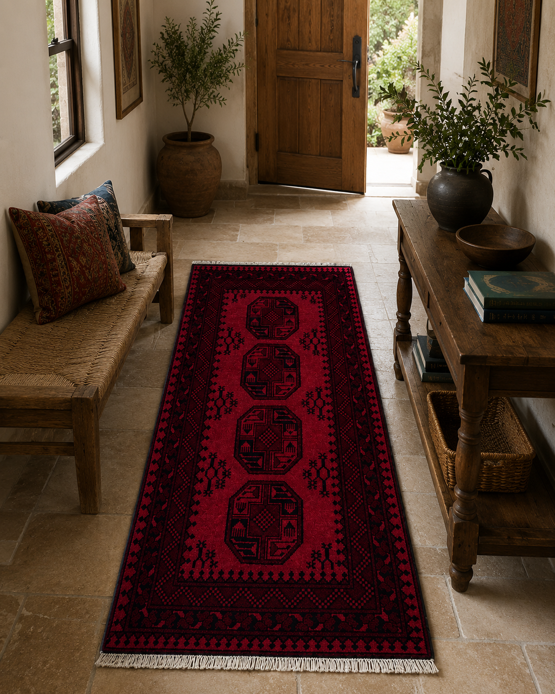 202 x 108 cm Hand-Woven Red Afghan Akche Runner Rug