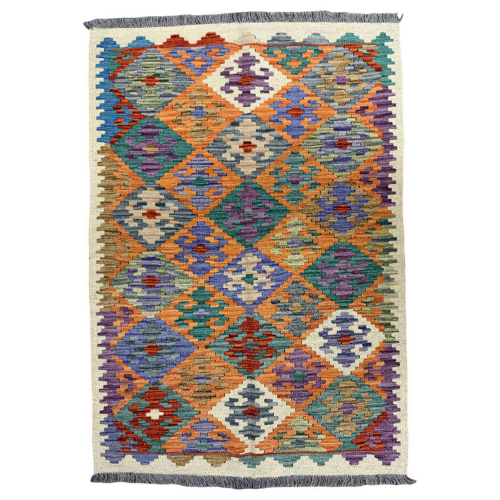 145 × 104 cm Hand-Woven Afghan Kilim Rug – Wool Flatweave