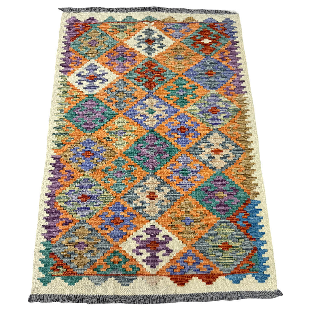 145 × 104 cm Hand-Woven Afghan Kilim Rug – Wool Flatweave