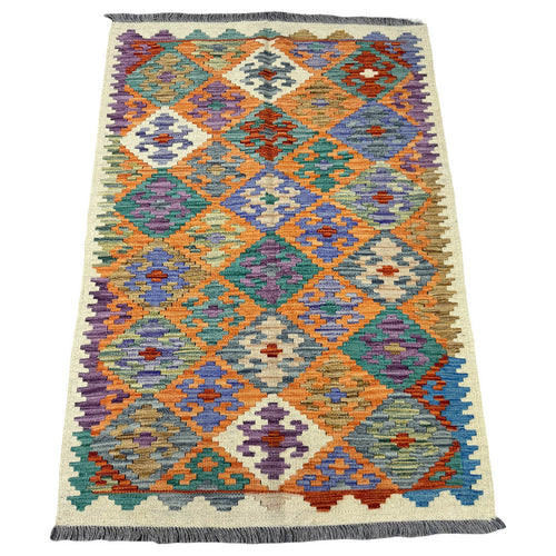 145 × 104 cm Hand-Woven Afghan Kilim Rug – Wool Flatweave