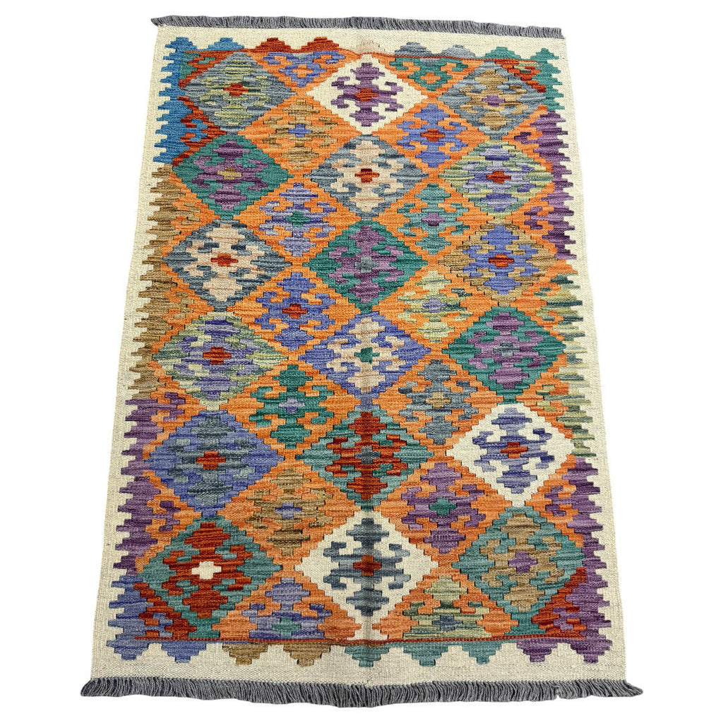 145 × 104 cm Hand-Woven Afghan Kilim Rug – Wool Flatweave