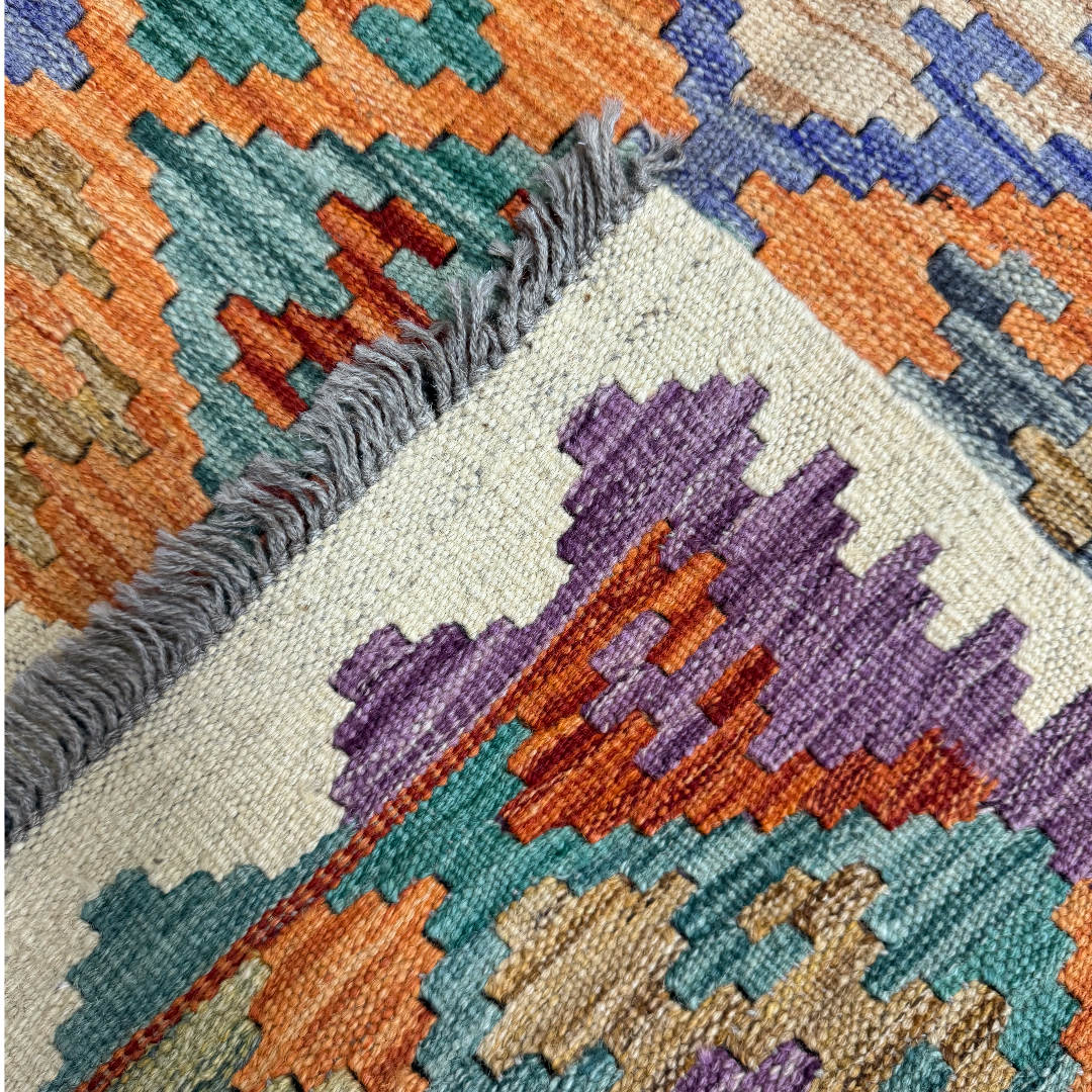 145 × 104 cm Hand-Woven Afghan Kilim Rug – Wool Flatweave