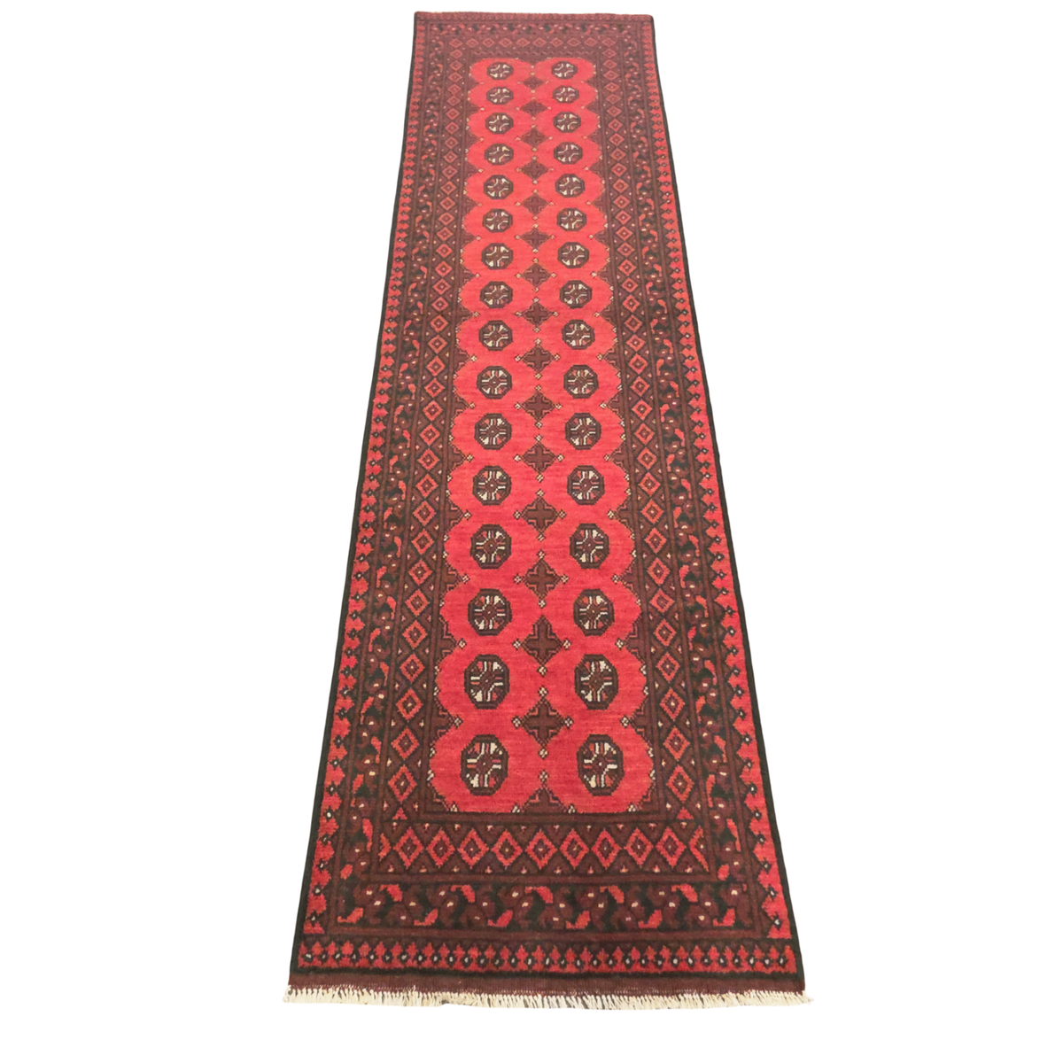291 x 77 cm Hand-Knotted Red Afghan Akche Runner Rug