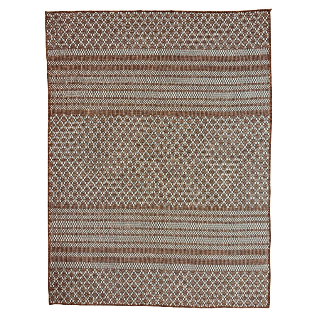 210 x 160 cm Terracotta & Cream Tribal Diamond & Stripe Indoor/Outdoor Rug