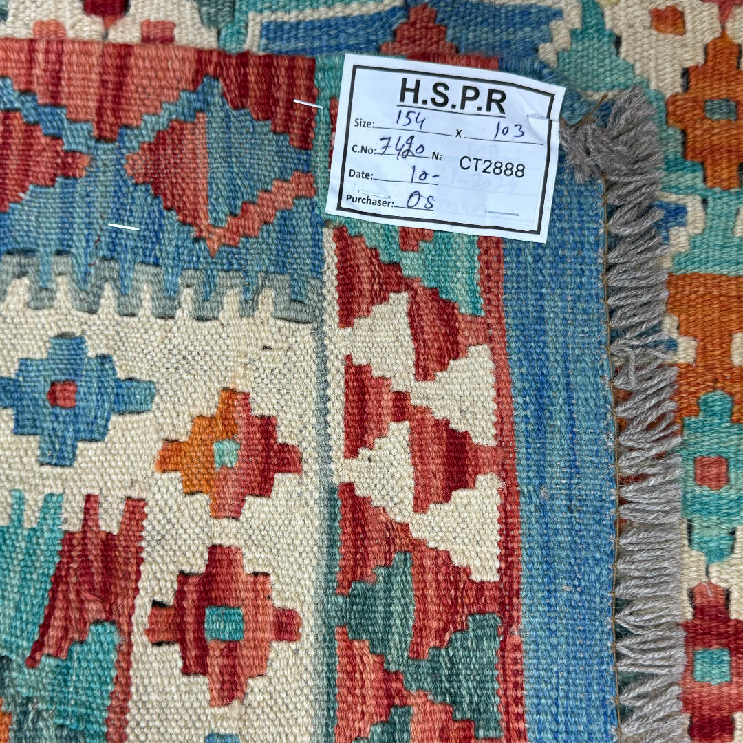 154 × 103 cm Hand-Woven Afghan Kilim Rug – Wool Flatweave