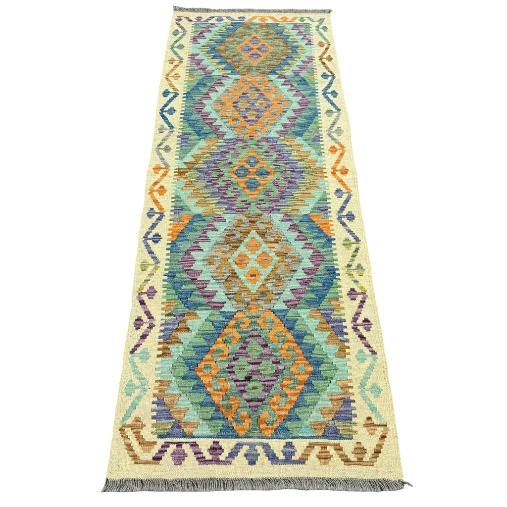 201 x 76 cm Hand-Woven Afghan Kilim Runner Rug – Wool Flatweave