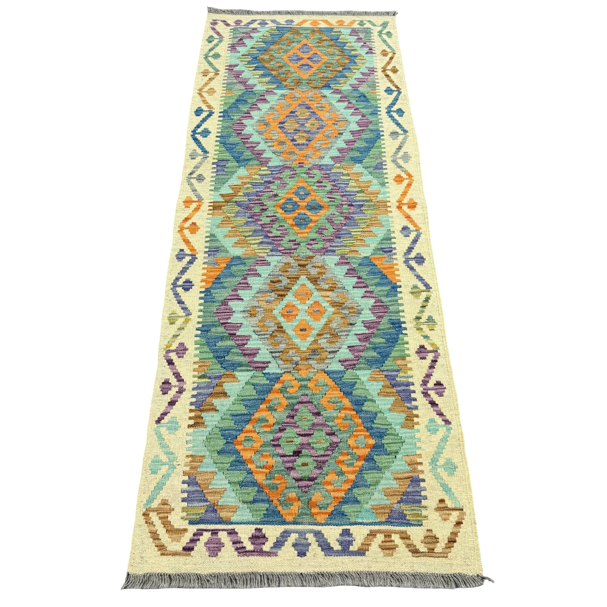 201 x 76 cm Hand-Woven Afghan Kilim Runner Rug – Wool Flatweave