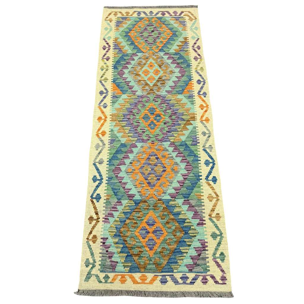 201 x 76 cm Hand-Woven Afghan Kilim Runner Rug – Wool Flatweave