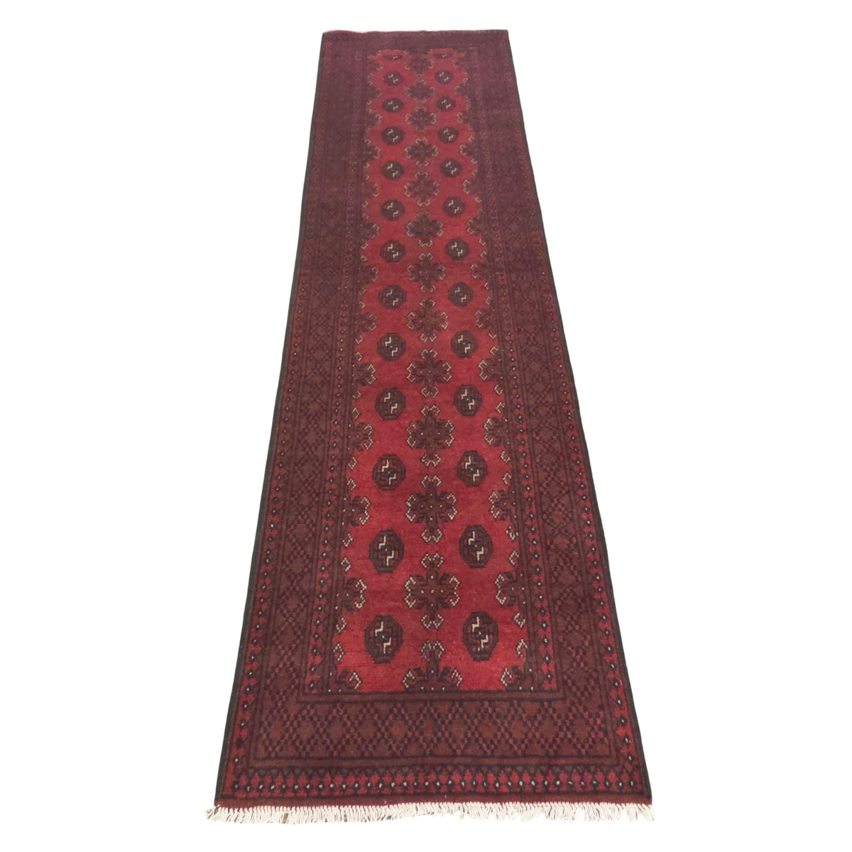 293 x 80 cm Hand-Knotted Red Afghan Akche Runner Rug