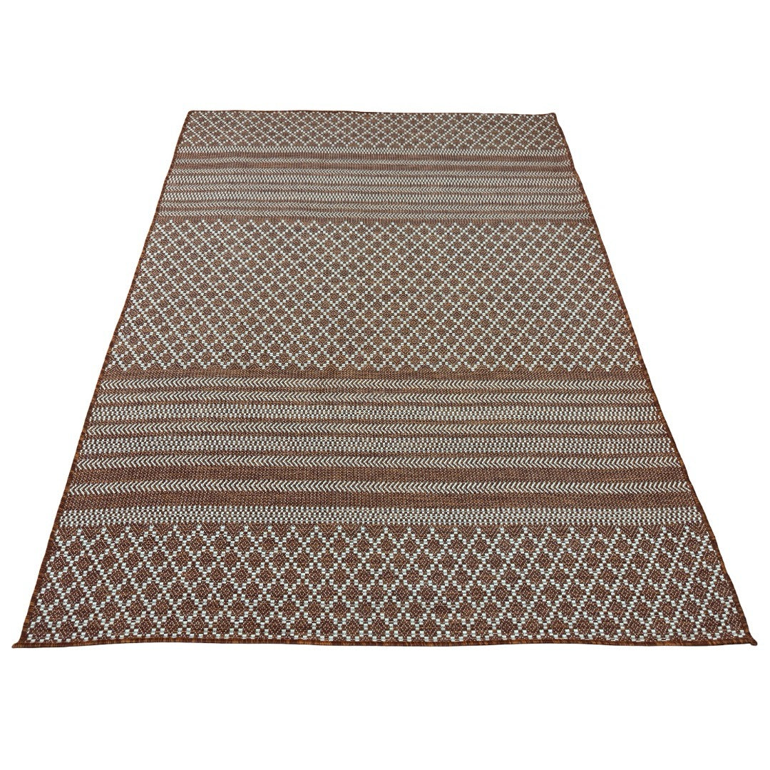 210 x 160 cm Terracotta & Cream Tribal Diamond & Stripe Indoor/Outdoor Rug