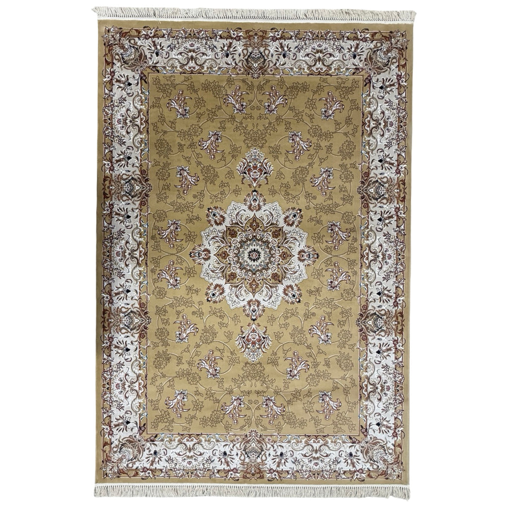 290 x 200 cm Antique Gold & Ivory Floral Medallion Machine-Made Rug