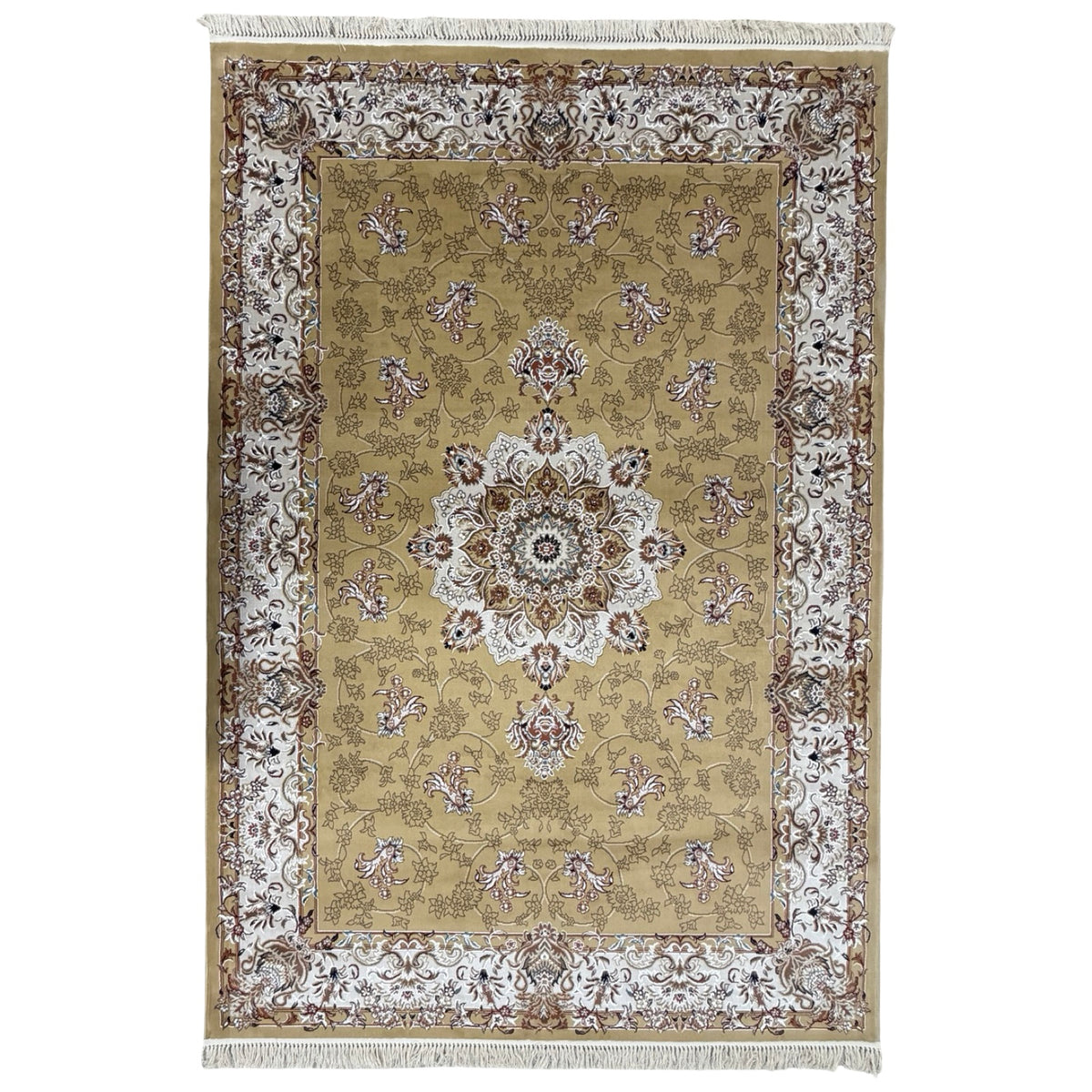 290 x 200 cm Antique Gold & Ivory Floral Medallion Machine-Made Rug