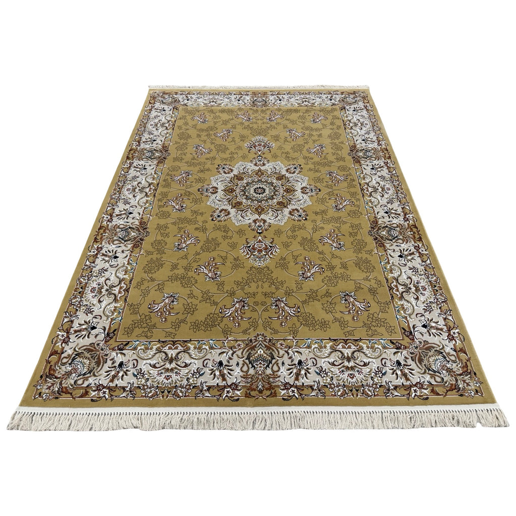 290 x 200 cm Antique Gold & Ivory Floral Medallion Machine-Made Rug