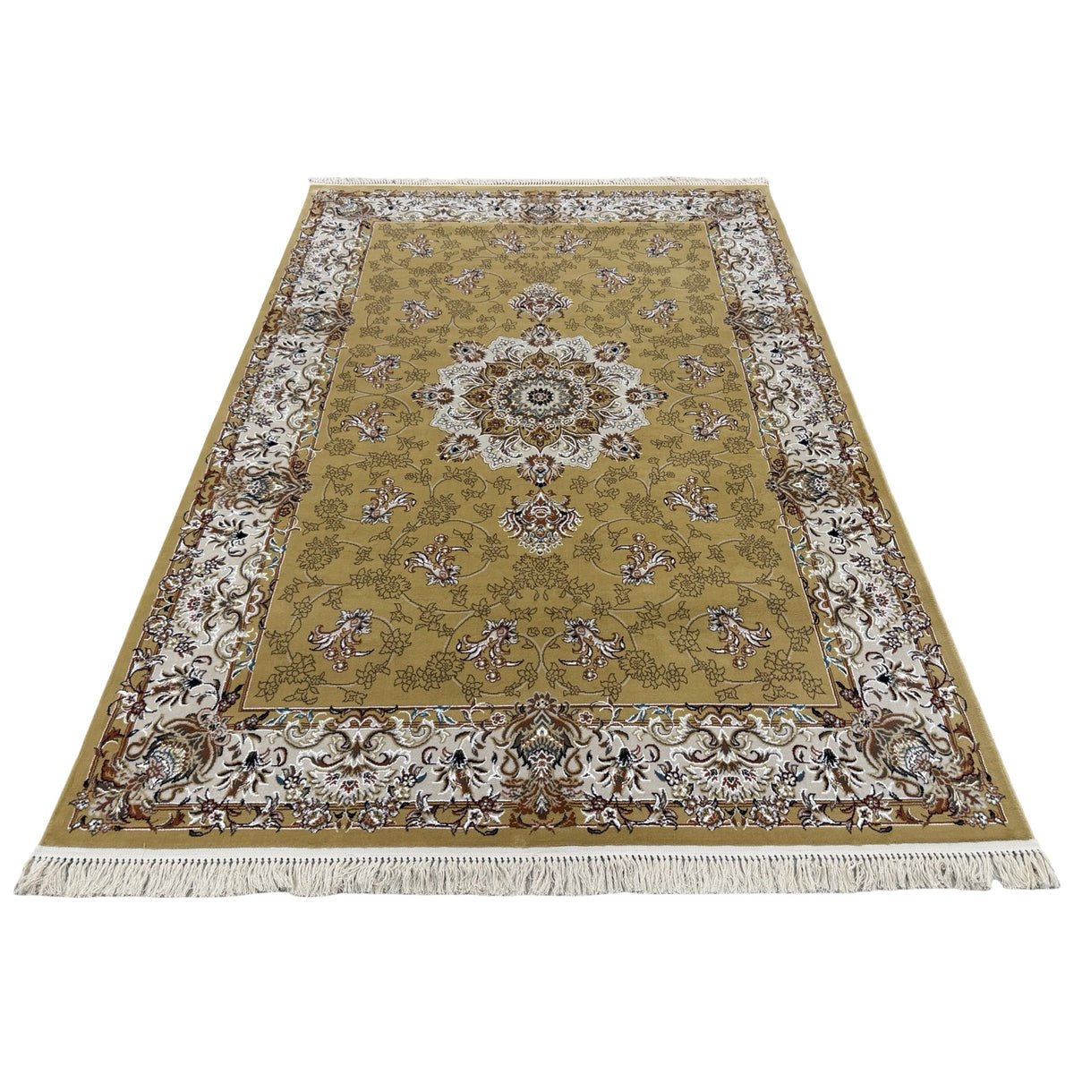 290 x 200 cm Antique Gold & Ivory Floral Medallion Machine-Made Rug