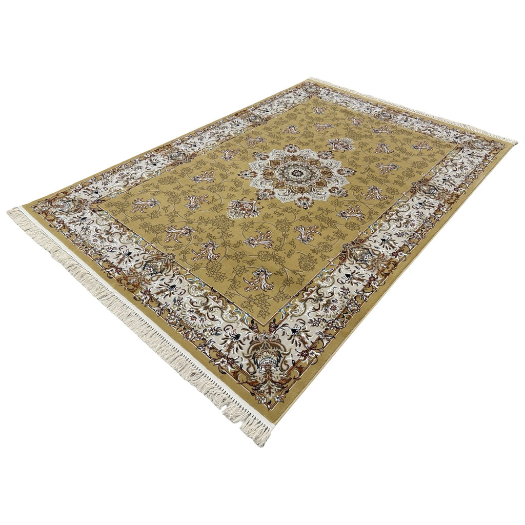290 x 200 cm Antique Gold & Ivory Floral Medallion Machine-Made Rug
