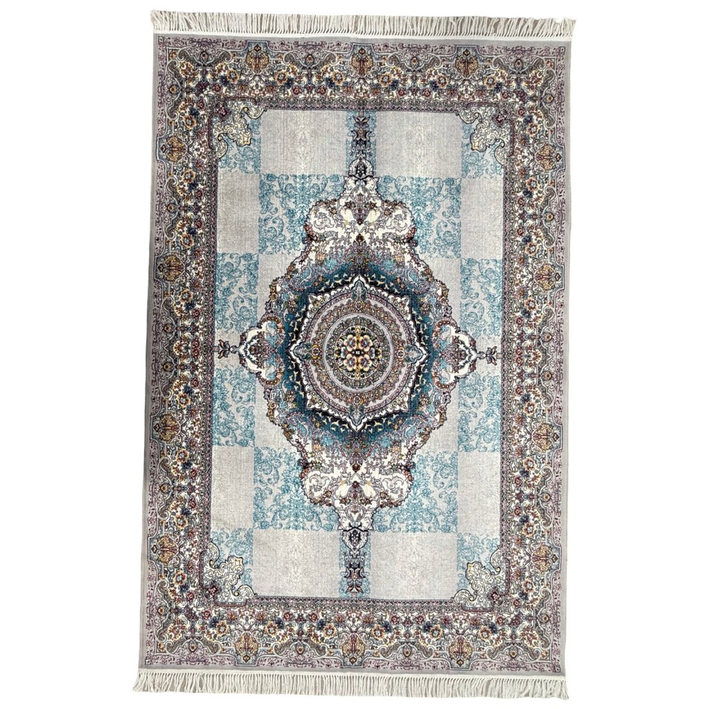 300 x 200 cm Silver Grey & Teal Persian Medallion Machine-Made Rug