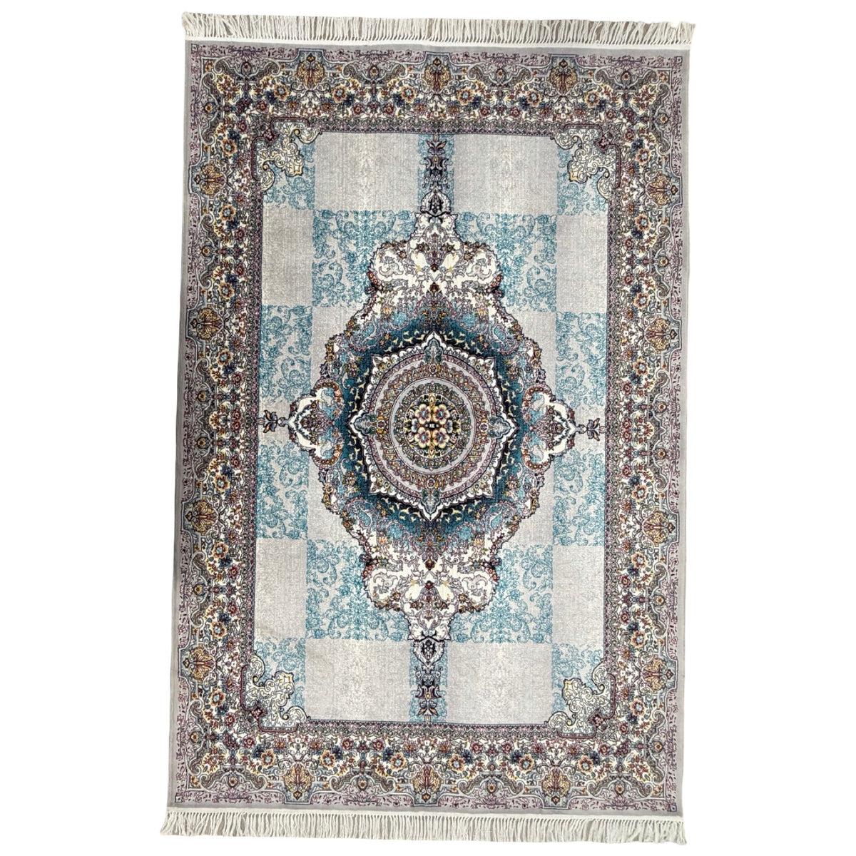 300 x 200 cm Silver Grey & Teal Persian Medallion Machine-Made Rug