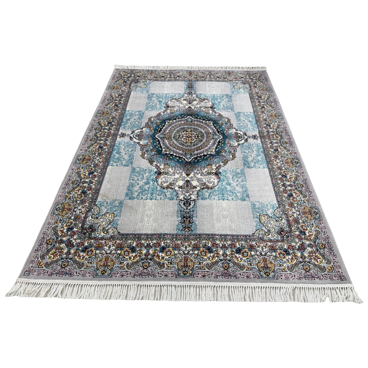 300 x 200 cm Silver Grey & Teal Persian Medallion Machine-Made Rug