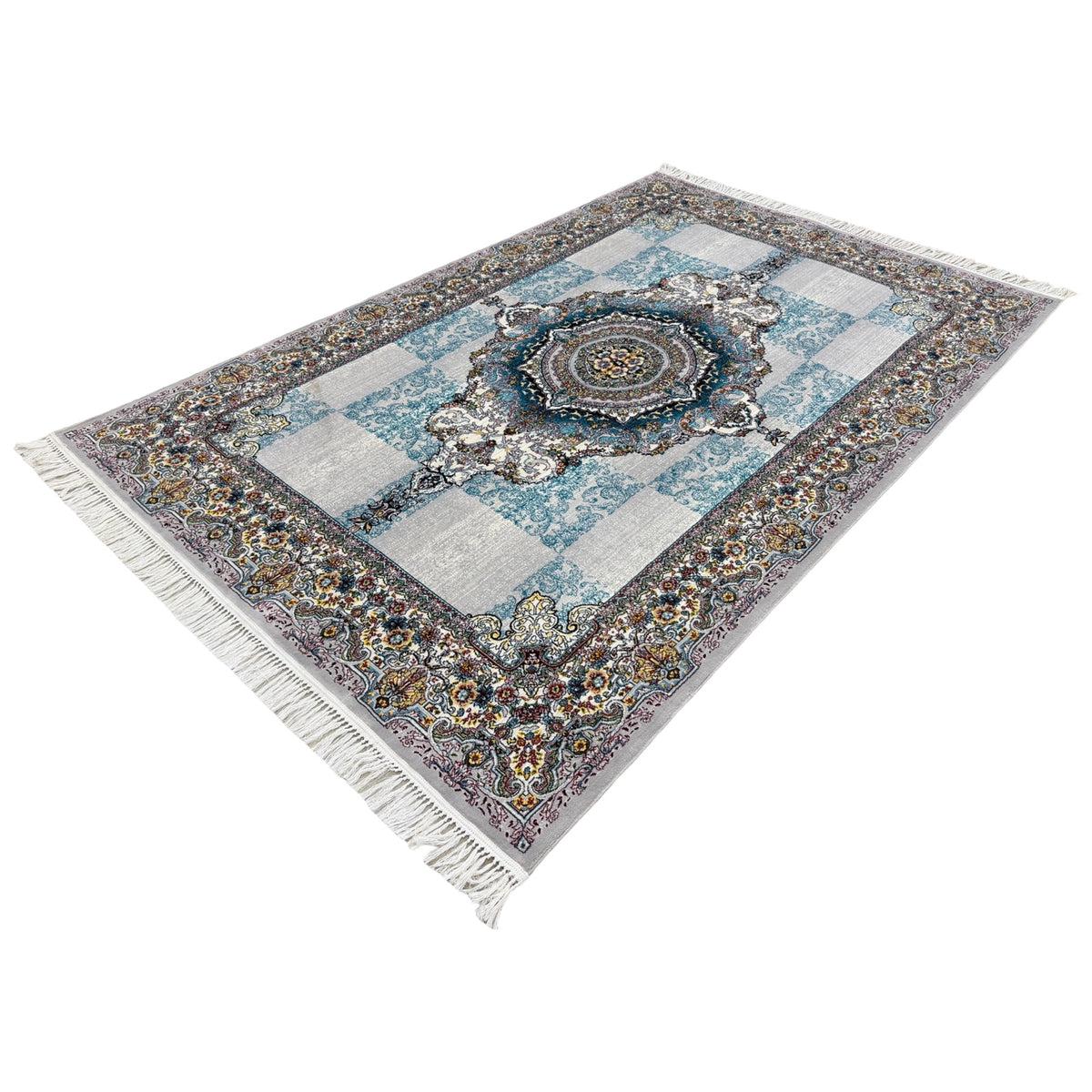 300 x 200 cm Silver Grey & Teal Persian Medallion Machine-Made Rug
