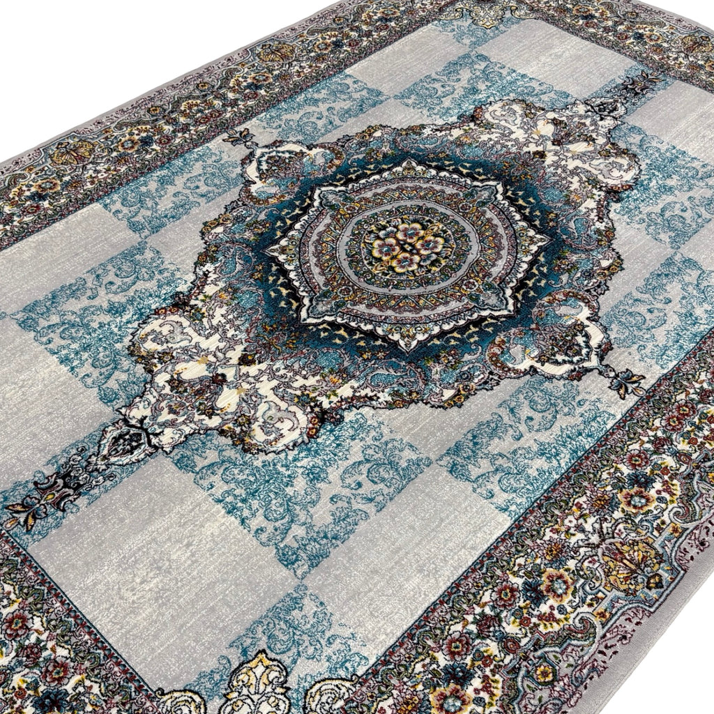 300 x 200 cm Silver Grey & Teal Persian Medallion Machine-Made Rug