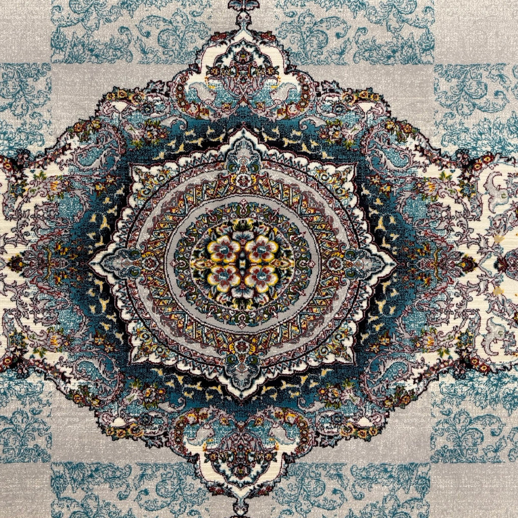 300 x 200 cm Silver Grey & Teal Persian Medallion Machine-Made Rug