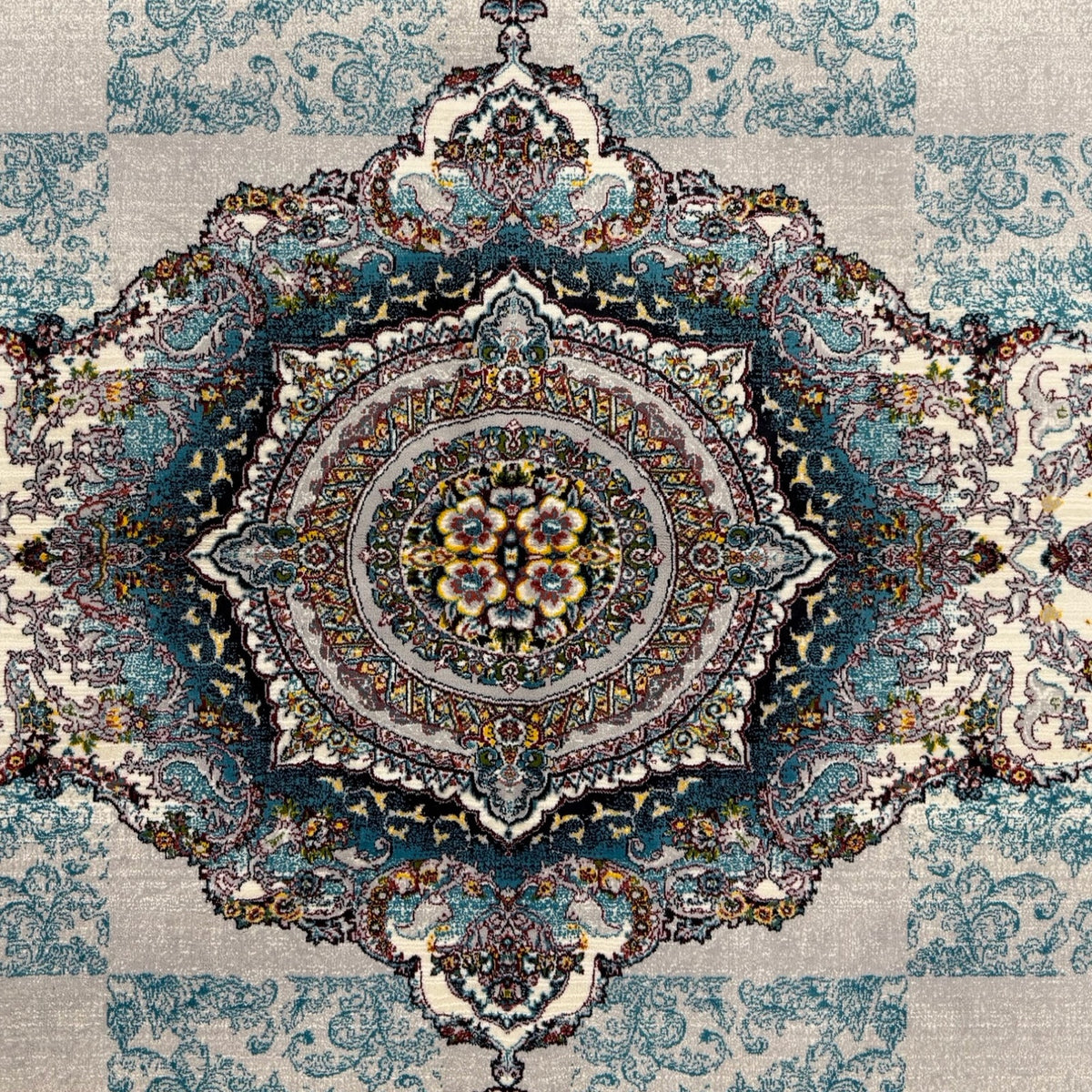300 x 200 cm Silver Grey & Teal Persian Medallion Machine-Made Rug