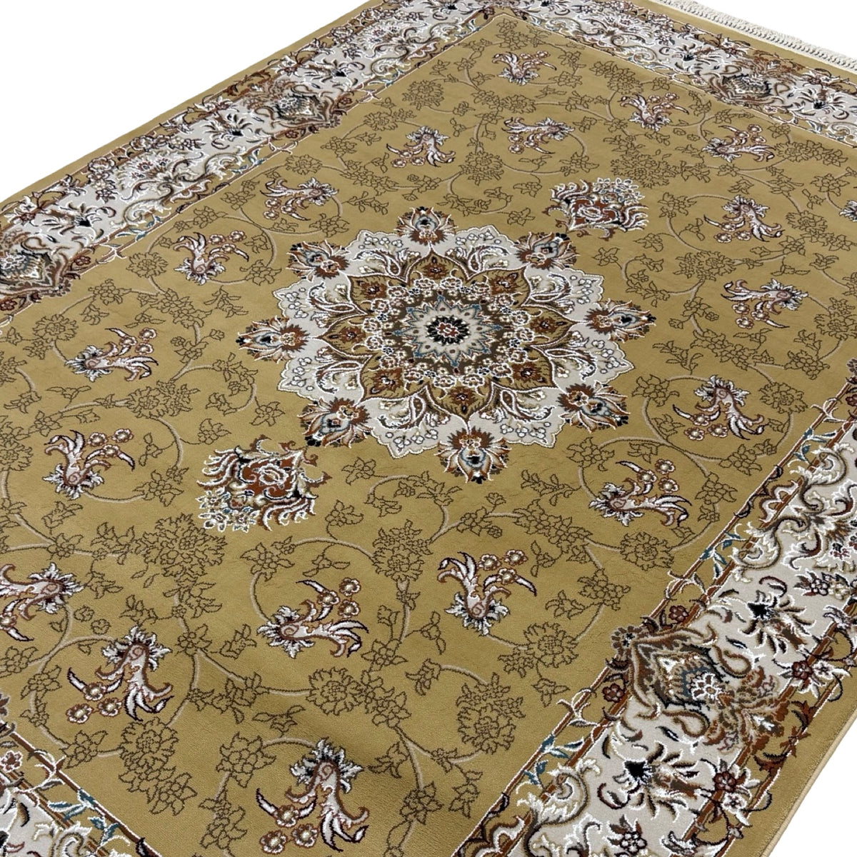 290 x 200 cm Antique Gold & Ivory Floral Medallion Machine-Made Rug