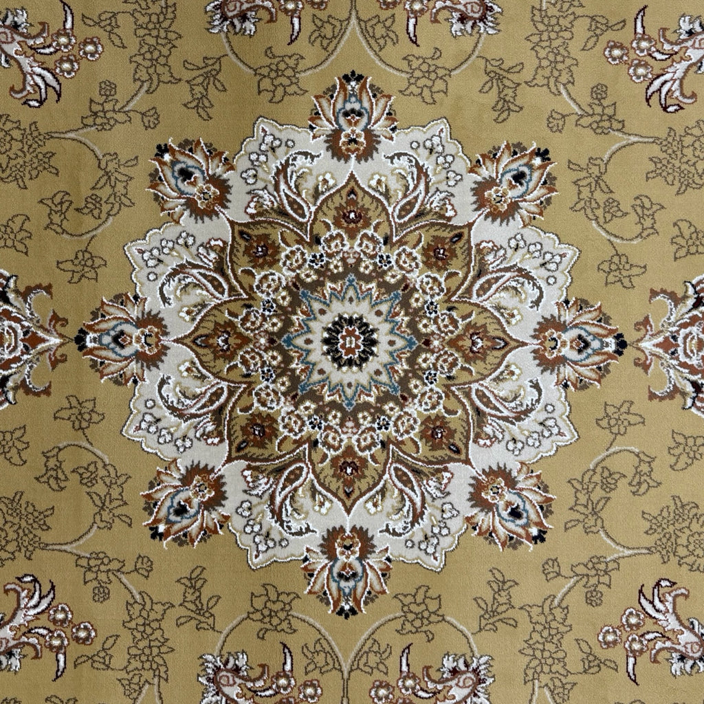 290 x 200 cm Antique Gold & Ivory Floral Medallion Machine-Made Rug