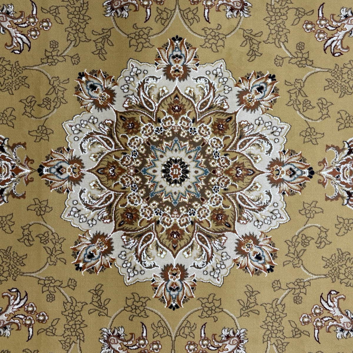 290 x 200 cm Antique Gold & Ivory Floral Medallion Machine-Made Rug
