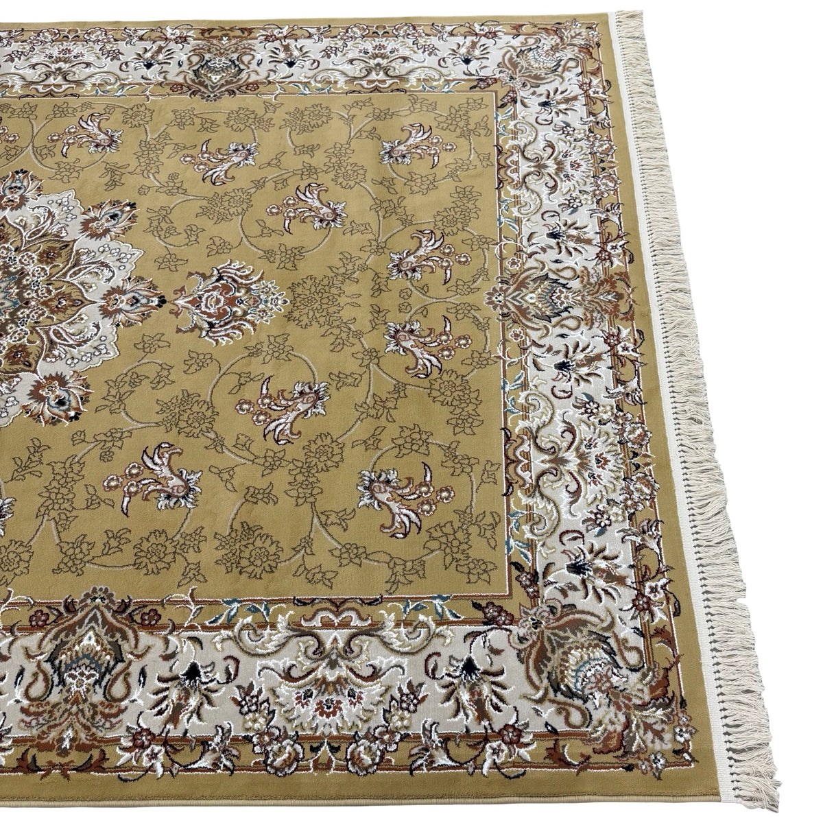 290 x 200 cm Antique Gold & Ivory Floral Medallion Machine-Made Rug