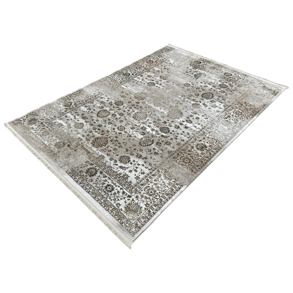 230 x 160 cm Vintage Persian-Inspired Floral Rug – Taupe Ivory Distressed Finish