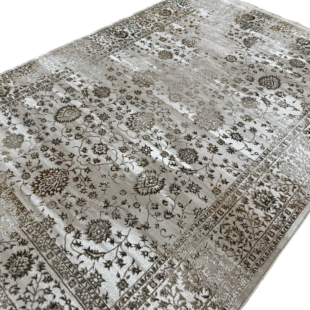 230 x 160 cm Vintage Persian-Inspired Floral Rug – Taupe Ivory Distressed Finish
