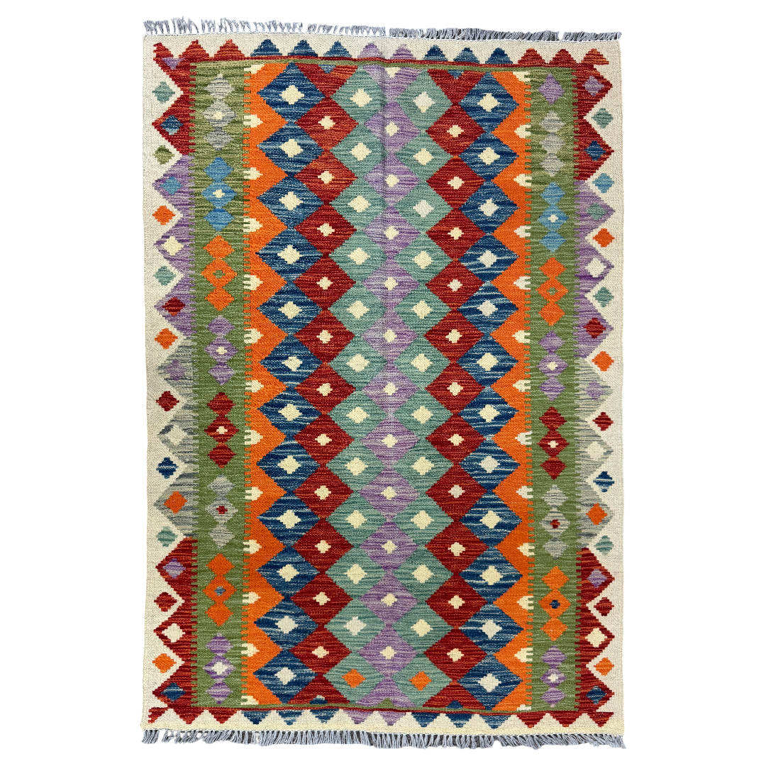 145 × 100 cm Hand-Woven Afghan Kilim Rug – Wool Flatweave