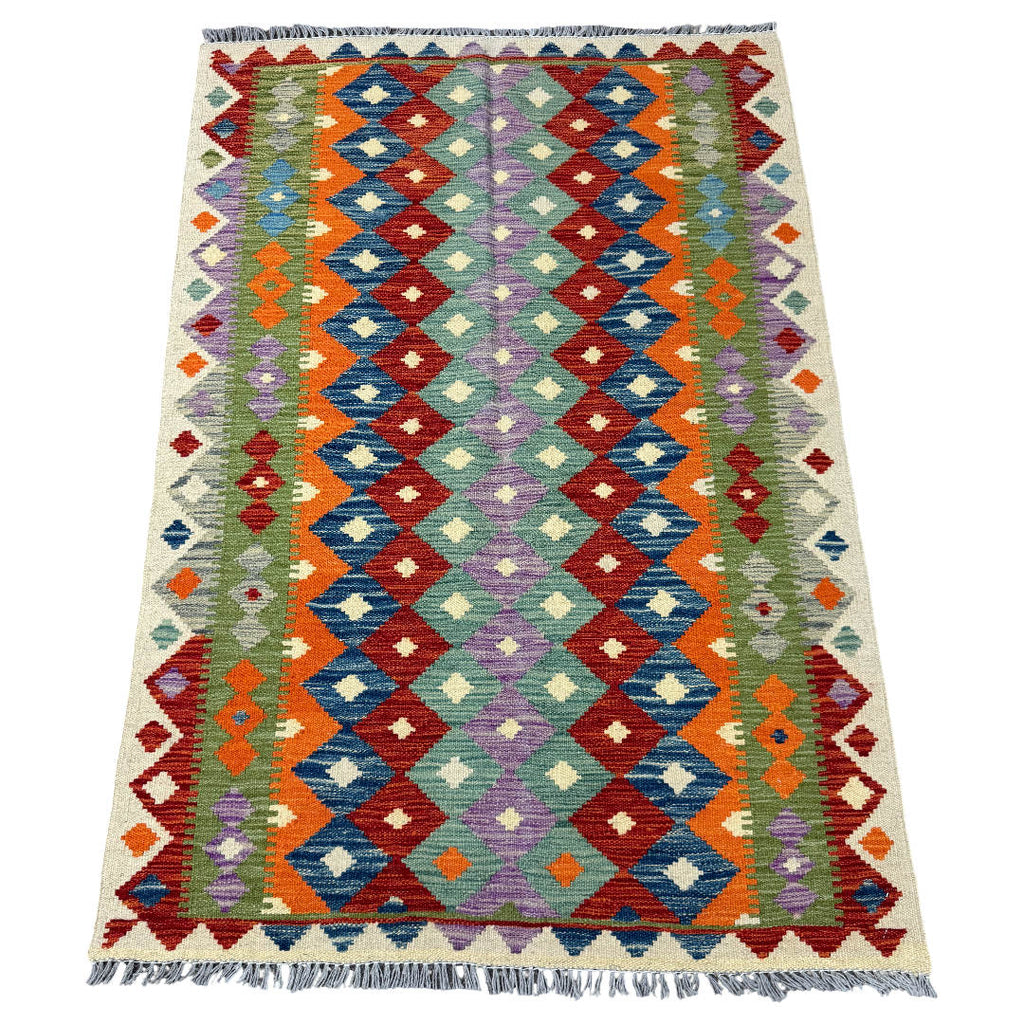 145 × 100 cm Hand-Woven Afghan Kilim Rug – Wool Flatweave