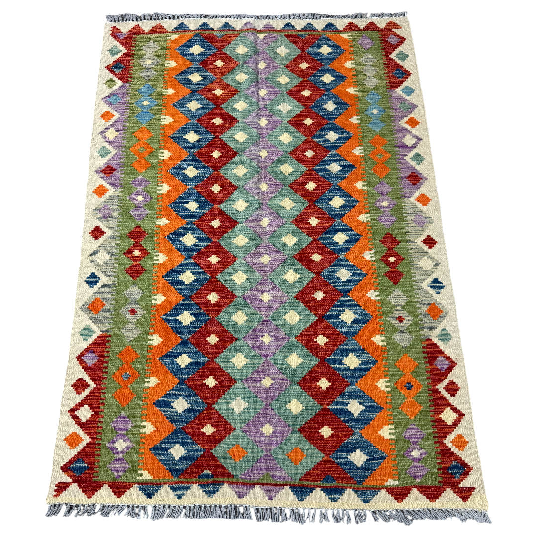 145 × 100 cm Hand-Woven Afghan Kilim Rug – Wool Flatweave